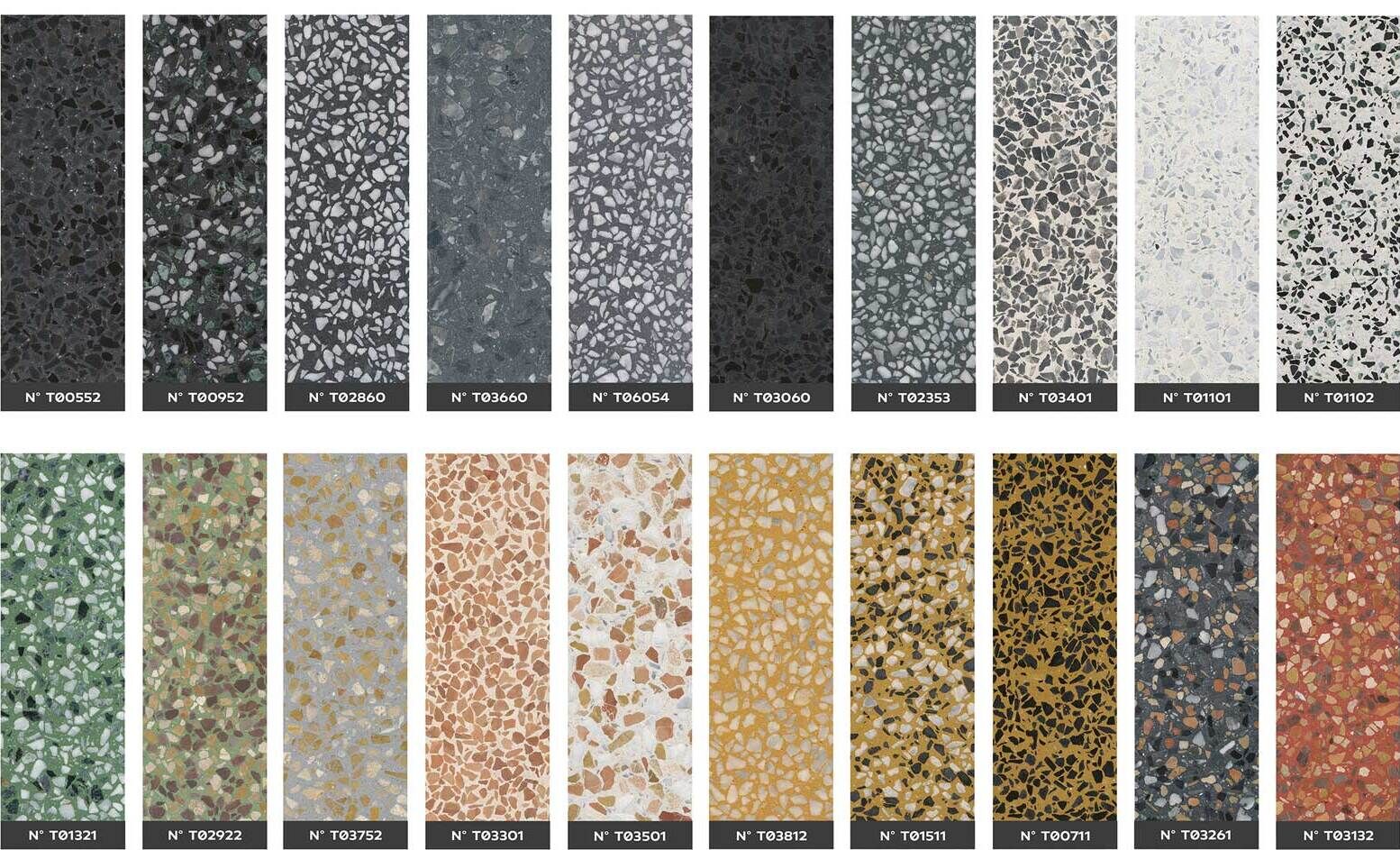 Für die Produktion verwendet Via beispielsweise Splitt aus Recyclingglas, Keramikbruchstücke oder alte Dachziegel. Die Farbigkeit des Via Terrazzo ist vielfältig und kann als Muster bestellt werden.