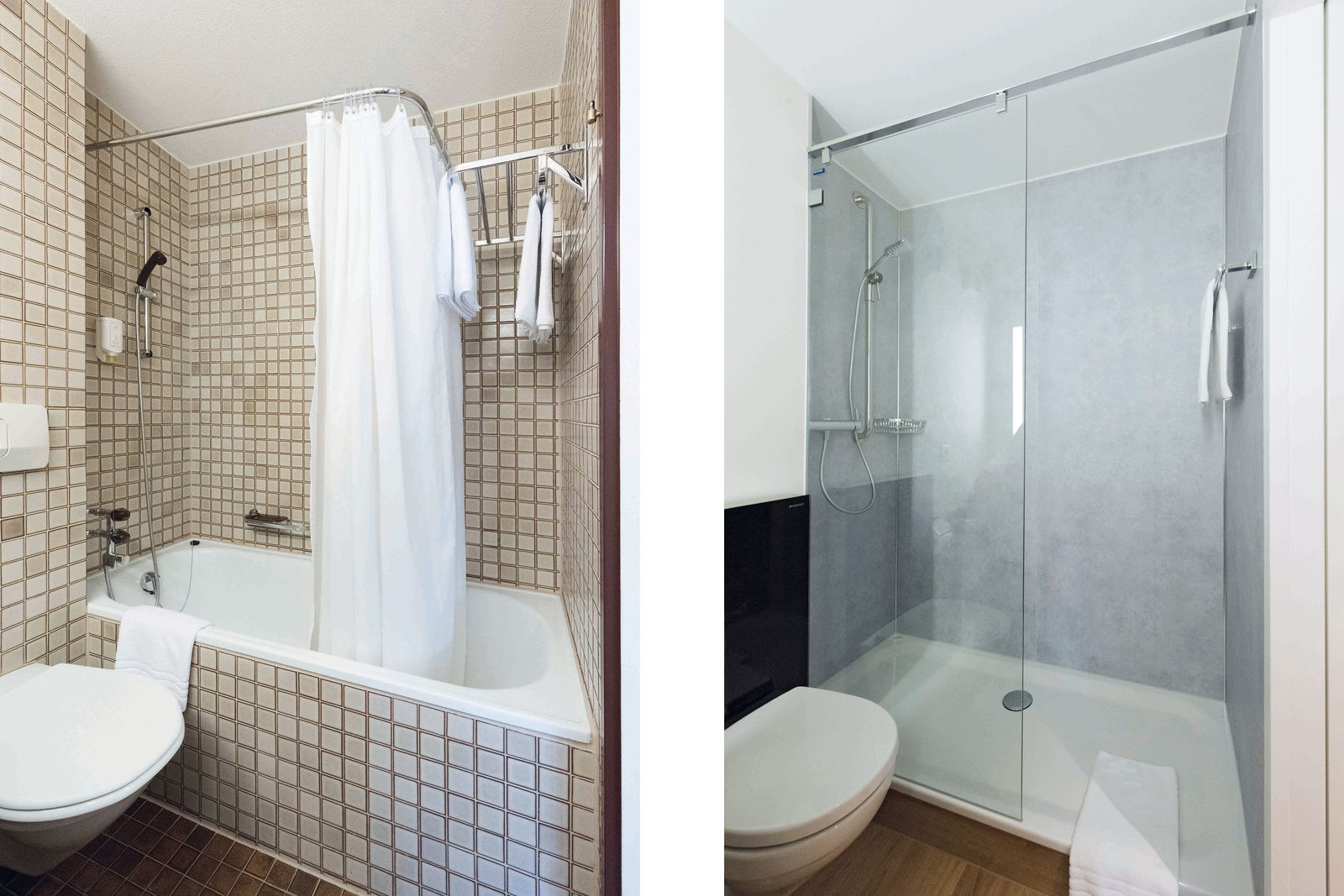Wo vorher alte Wannen und Plättli die Hotelbäder prägten, strahlen die neuen «PanElle»-Wandverkleidungen Hygenie und Komfort aus.